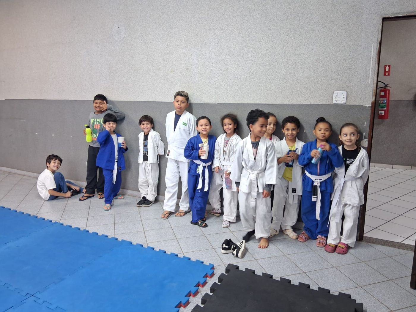 Turma de judô de quimono branco e azul enfileirada no tatame